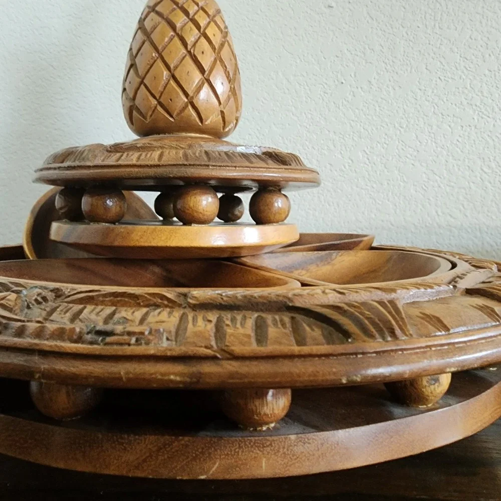 Hand Carved 3 Tier‎ Teak Pineapple Monkey Pod Lazy Susan Serving Tower Vintage